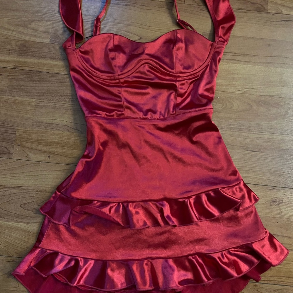 Red Satin Ruffle Dress